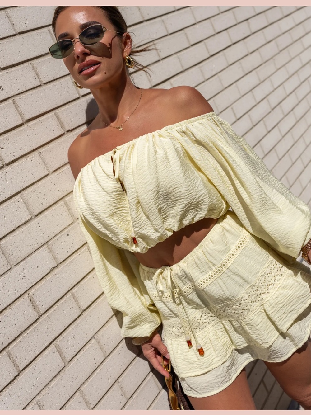 Kittenish Pale Yellow Off-Shoulder Mini Skirt Set